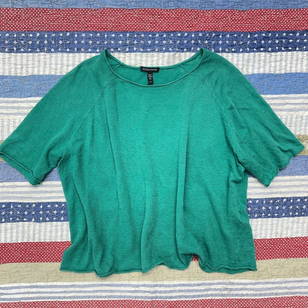 Eileen Fisher Short Sleeve Green Linen Cotton Knit Boxy / Women's Large